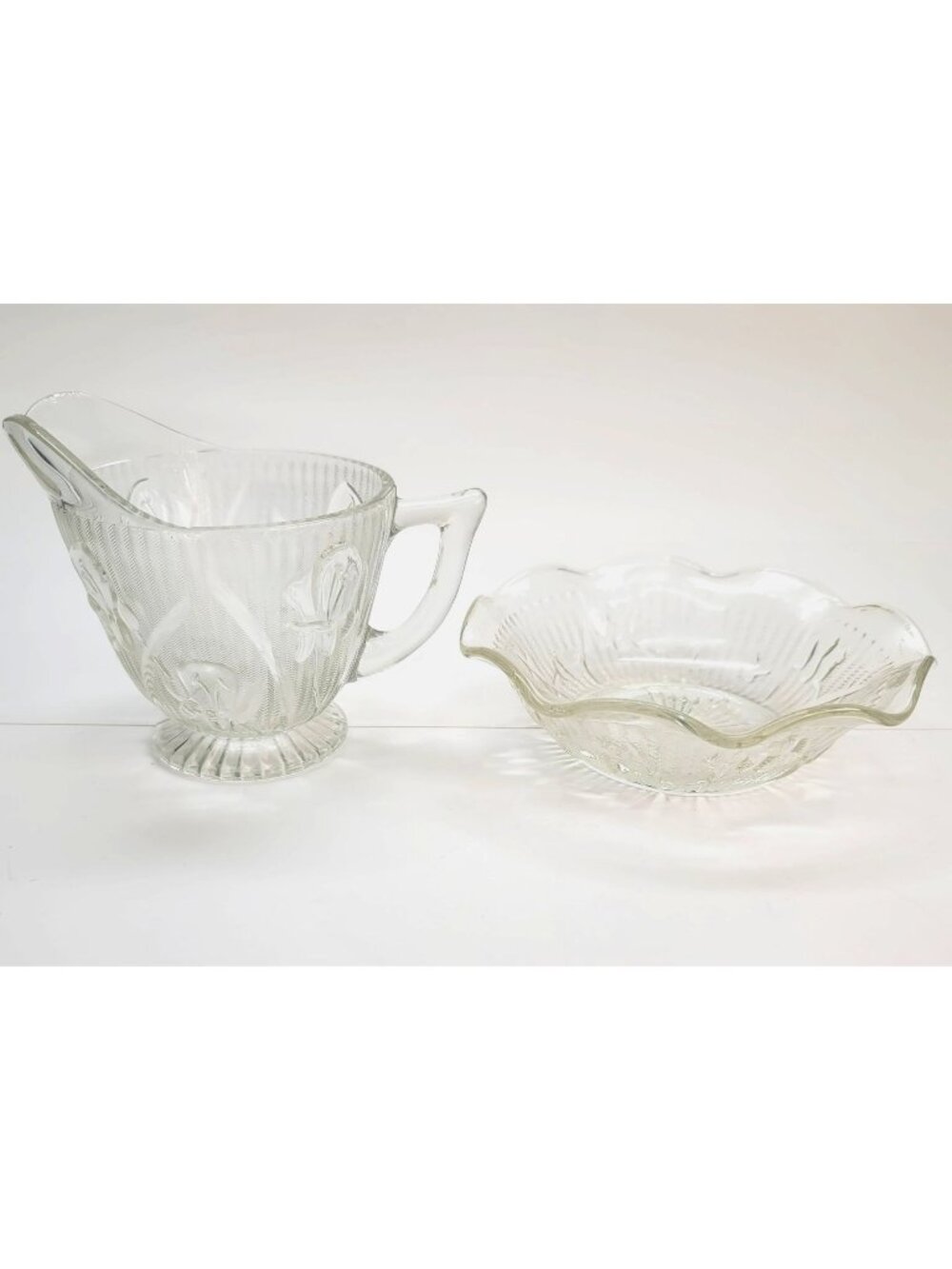Jeanette Glass Iris Creamer and Sugar Bowl Depression Era Vintage Clear PR610